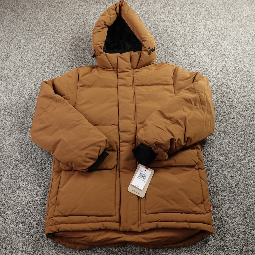 NEW Levis Jacket Mens S Brown Hooded Quilted Parka Insulated Puffer Chore Coat